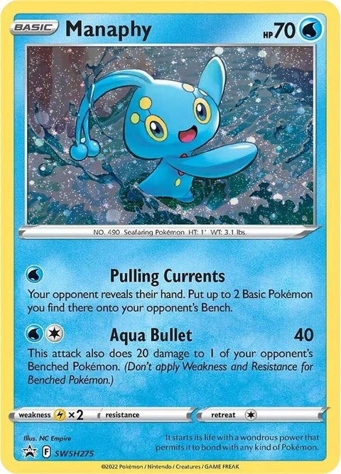 Pokémon Sword & Shield Black Star Promo Manaphy card from SWSH275 set, featuring detailed illustration and branding.