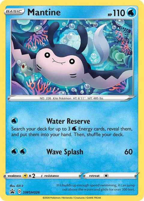 Pokémon Sword & Shield Black Star Promo card featuring Mantine, a single trading card from the SWSH026 set.