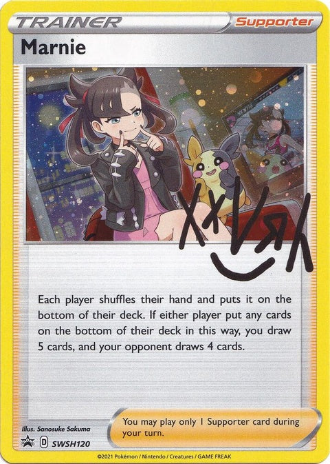 Pokémon Sword & Shield Black Star Promo Marnie card from SWSH120 set, featuring Marnie with her signature style and artwork.