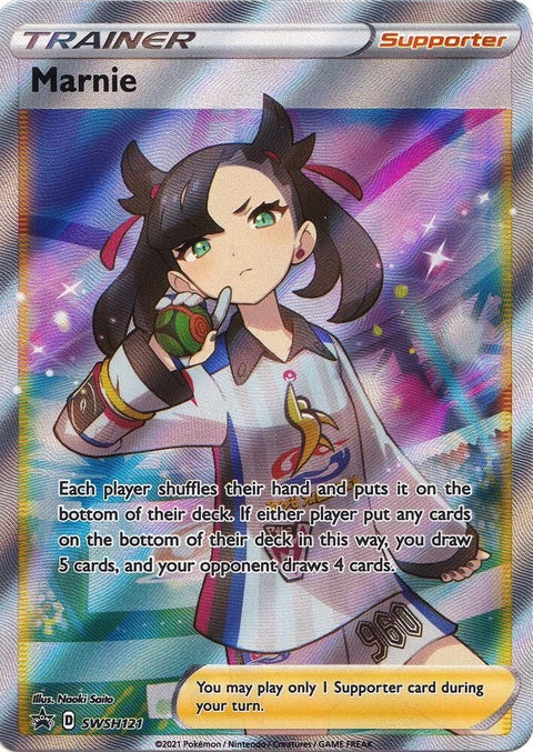 Pokémon Sword & Shield Black Star Promo card featuring Marnie, collectible trading card from the SWSH121 set.