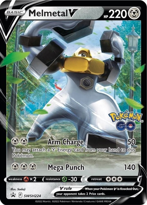 Pokémon Sword & Shield Black Star Promo Melmetal V card, featuring artwork of Melmetal from the SWSH224 set.