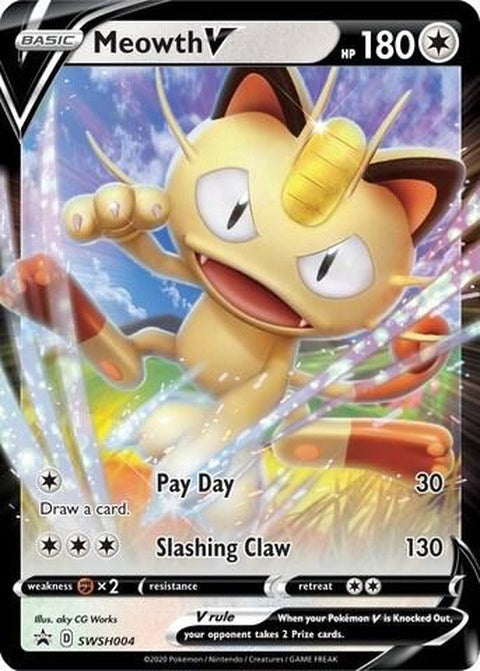 Pokémon Sword & Shield Black Star Promo Meowth V card from SWSH004 set, featuring Meowth V illustration on a black background.