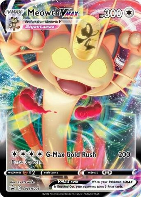 Pokémon Meowth Vmax Sword & Shield Black Star Promo card, featuring Meowth illustration and Vmax logo.