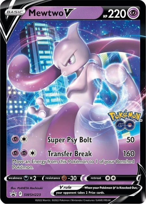 Pokémon Sword & Shield Black Star Promo Mewtwo V card from SWSH223, featuring Mewtwo in dynamic artwork on a black background.
