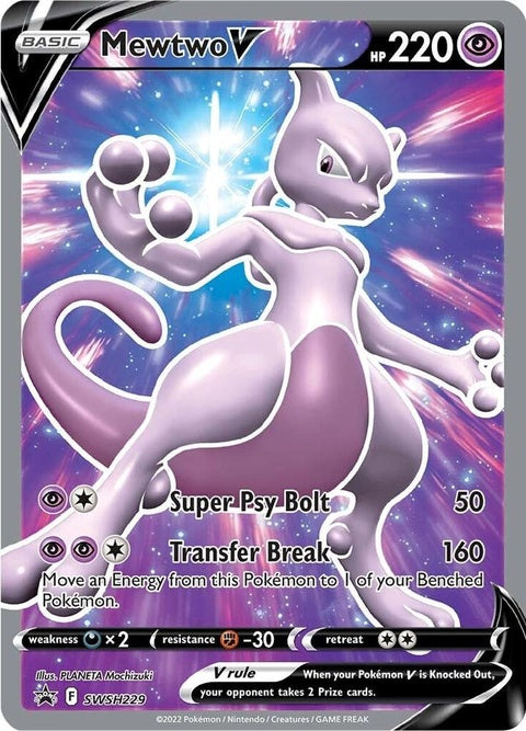Pokémon Sword & Shield Black Star Promo Mewtwo V card, featuring artwork and branding from Pokémon TCG.