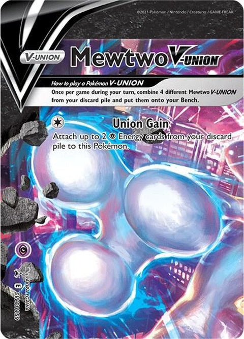 Pokémon Sword & Shield Black Star Promo Mewtwo V-Union card, featuring artwork of Mewtwo in a dynamic pose.