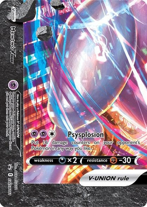 Pokémon Sword & Shield Black Star Promo Mewtwo V-Union card from SWSH161, featuring Mewtwo in dynamic artwork.