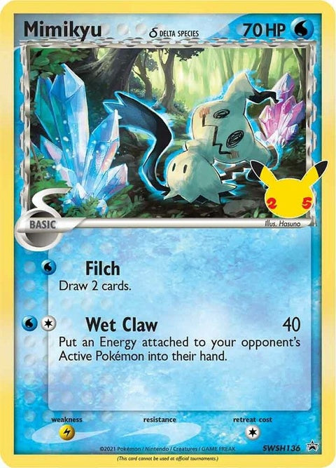 Pokémon Sword & Shield Black Star Promo Mimikyu card from Delta Species, featuring Mimikyu in a single Pokémon card image.
