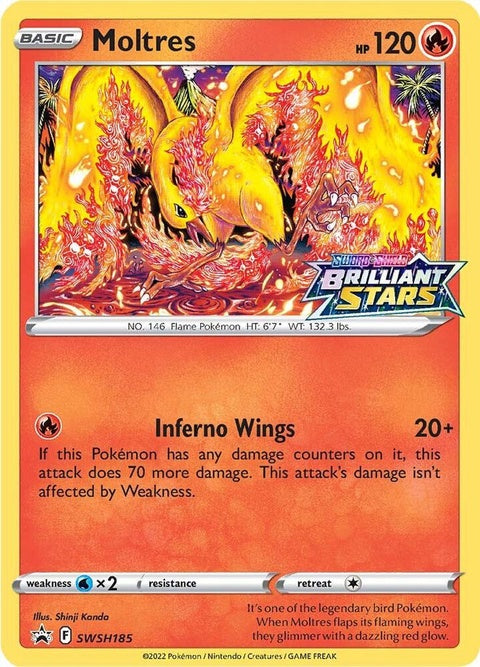 Pokémon Sword & Shield Black Star Promo Moltres card SWSH185, featuring artwork of the legendary bird Pokémon.