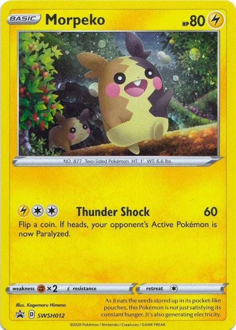 Pokémon Sword & Shield Black Star Promo card featuring Morpeko, a single trading card with vibrant artwork.
