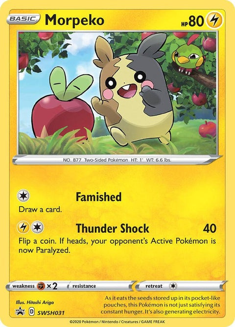 Pokémon Sword & Shield Black Star Promo card featuring Morpeko, a single card from the SWSH031 set.