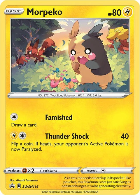 Pokémon Sword & Shield Black Star Promo card featuring Morpeko, a single card with vibrant artwork from the SWSH116 set.