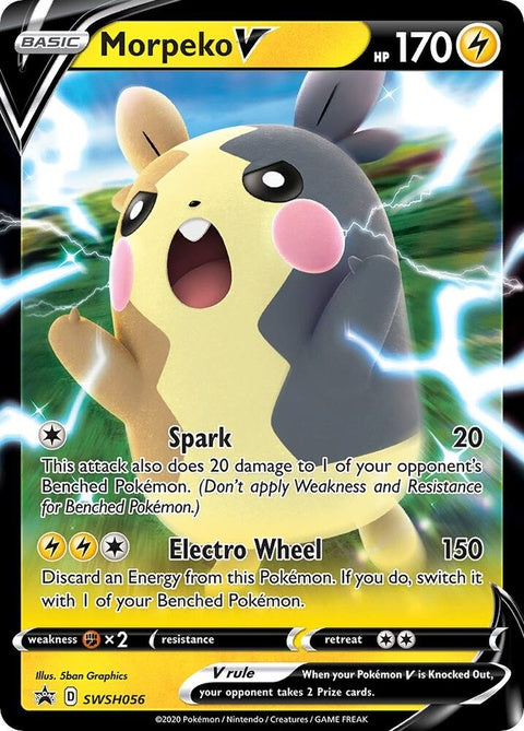 Pokémon Sword & Shield Black Star Promo Morpeko V card from the SWSH056 set, featuring Morpeko V in vibrant detail.
