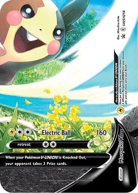 Pokémon Sword & Shield Black Star Promo Morpeko V-Union card from SWSH218, featuring Morpeko in a dynamic pose.