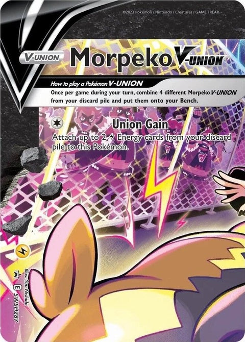 Pokémon Sword & Shield Black Star Promo Morpeko V-Union card from SWSH287 displayed on a white background.