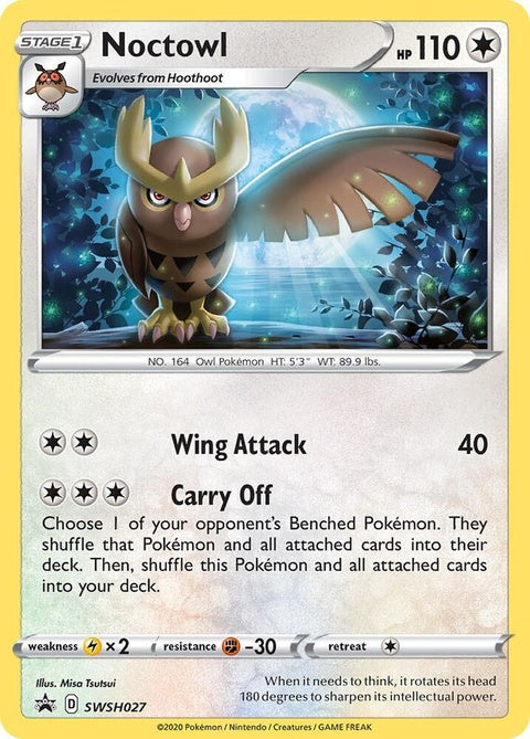 Pokémon Sword & Shield Black Star Promo Noctowl card SWSH027 featuring illustrated Noctowl on a trading card for singles collection.