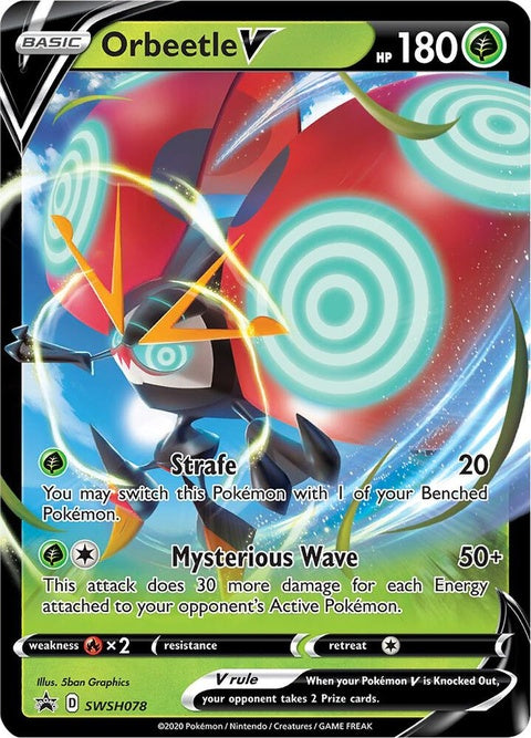 Pokémon Sword & Shield Black Star Promo Orbeetle V card from SWSH078 set, featuring detailed illustration of Orbeetle V Pokémon.