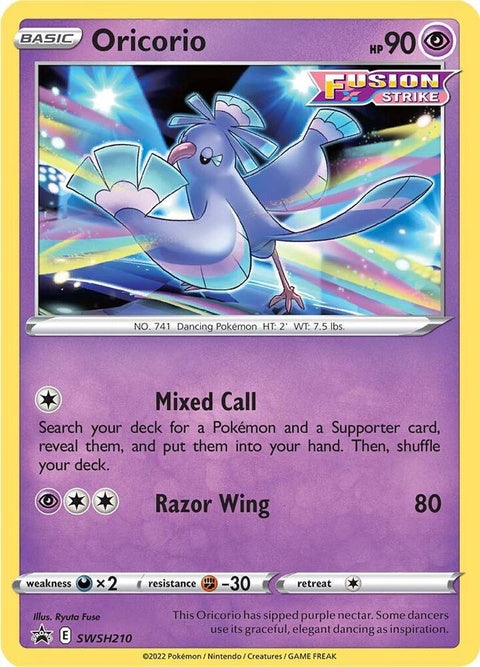 Pokémon Sword & Shield Black Star Promo card featuring Oricorio, a colorful bird Pokémon from the SWSH210 set.
