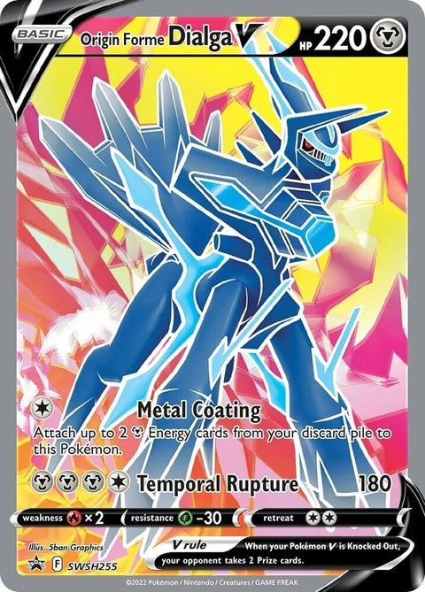 Pokémon Sword & Shield Black Star Promo Origin Forme Dialga V card from the SWSH255 set, featuring Dialga in its origin form.