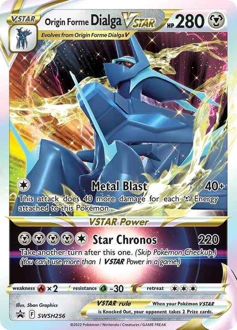 Pokémon Sword & Shield Black Star Promo Origin Forme Dialga Vstar card from SWSH256 set, featuring Dialga in a dynamic pose.