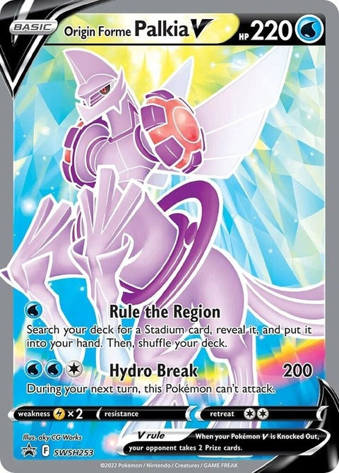 Pokémon Sword & Shield Black Star Promo card featuring Origin Forme Palkia V from the SWSH253 set, detailed illustration.
