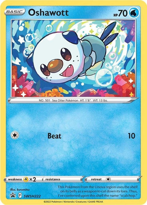 Pokémon Sword & Shield Black Star Promo card featuring Oshawott from the SWSH222 set, with artwork of a playful otter Pokémon.