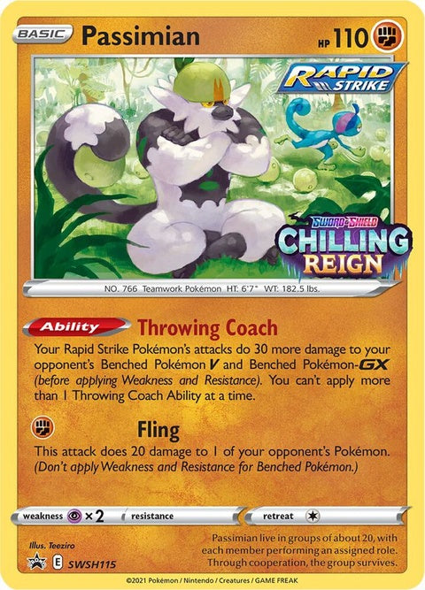Pokémon Sword & Shield Black Star Promo Passimian SWSH115 prerelease single card featuring Passimian in a dynamic pose.