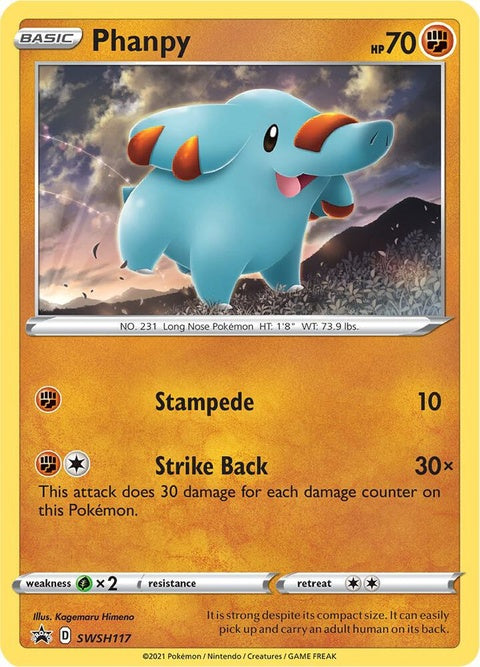 Pokémon Sword & Shield Black Star Promo Phanpy card, SWSH117, featuring a Pokémon with a gray, elephant-like appearance.