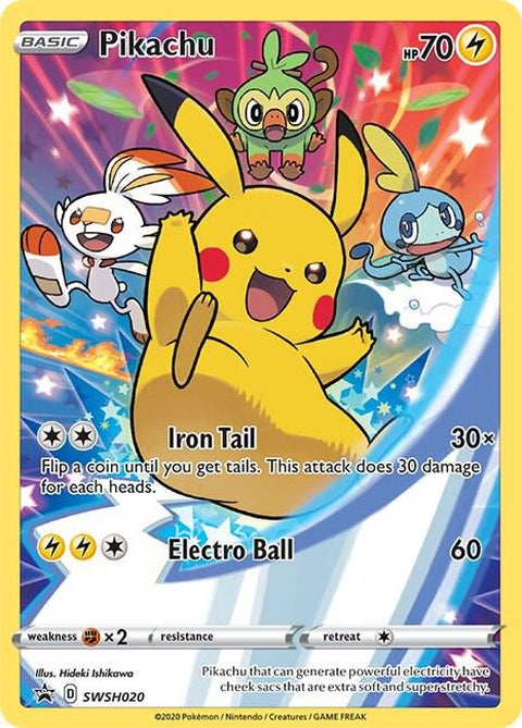 Pokémon Sword & Shield Black Star Promo Pikachu card, SWSH020, featuring Pikachu in a dynamic pose with a black star background.