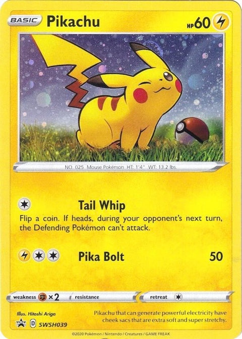 Pokémon Sword & Shield Black Star Promo Pikachu card, SWSH039, featuring Pikachu in a dynamic pose on a colorful background.