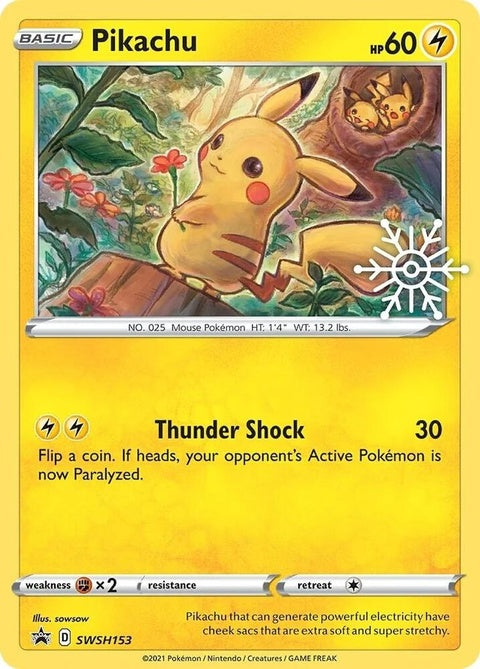 Pokémon Sword & Shield Black Star Promo Pikachu card from holiday calendar, featuring Pikachu in a dynamic pose with a black star design.