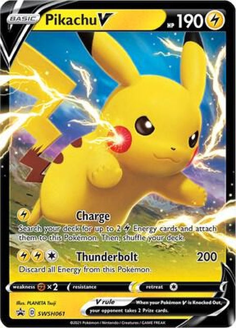 Pokémon Sword & Shield Black Star Promo Pikachu V trading card featuring Pikachu with yellow and black design, front view.