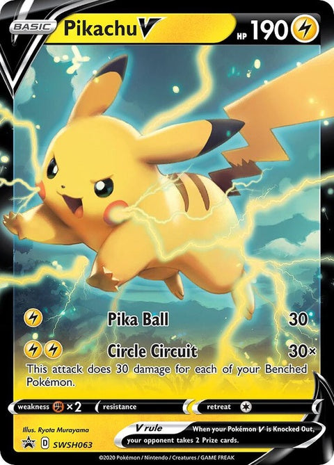 Pokémon Sword & Shield Black Star Promo Pikachu V card featuring Pikachu image and branding, designed for collectors and players.