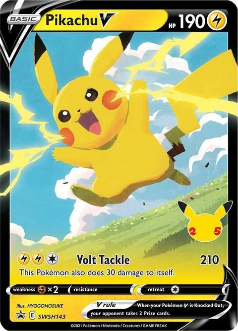Pokémon Sword & Shield Black Star Promo Pikachu V card from the SWSH143 set, featuring Pikachu on a vibrant background.