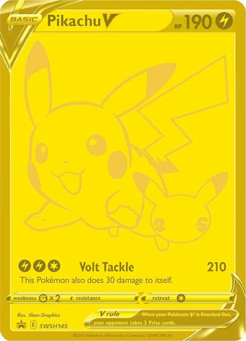 Pokémon Sword & Shield Black Star Promo Pikachu V card from the SWSH145 set, featuring Pikachu with a black star background.
