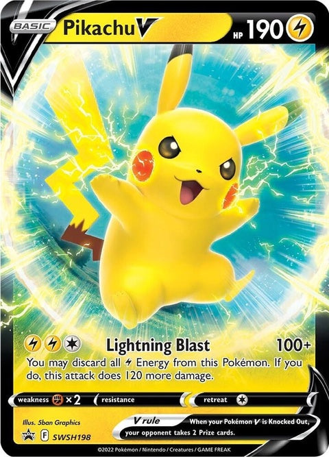 Pokémon Sword & Shield Black Star Promo Pikachu V card from SWSH198, featuring Pikachu with a black star design.
