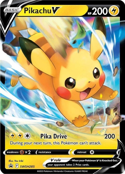 Pokémon Sword & Shield Black Star Promo Pikachu V card from the SWSH285 set on a white background.