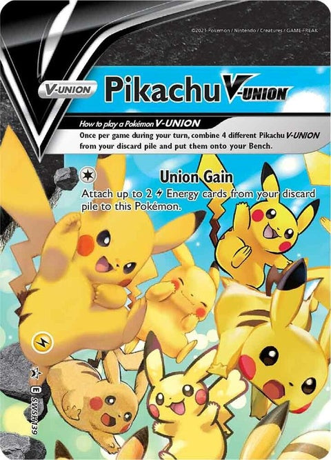 Pokémon Sword & Shield Black Star Promo Pikachu V-Union card, featuring Pikachu with a dynamic stance and vibrant artwork.