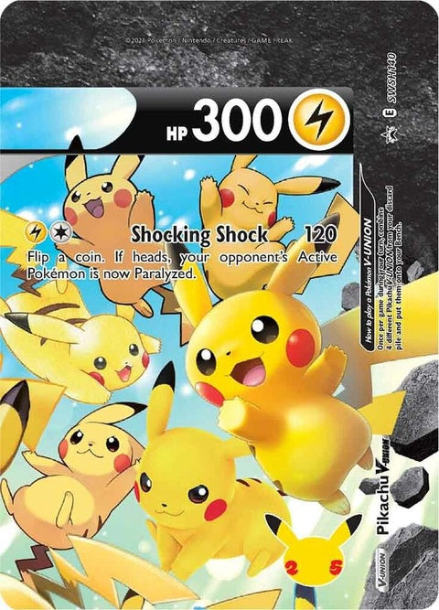 Pokémon Sword & Shield Black Star Promo Pikachu V-Union card, featuring Pikachu in a dynamic V-Union design.