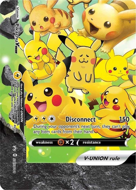 Pokémon Sword & Shield Black Star Promo card featuring Pikachu V-Union from the SWSH141 set, with vibrant artwork and branding.