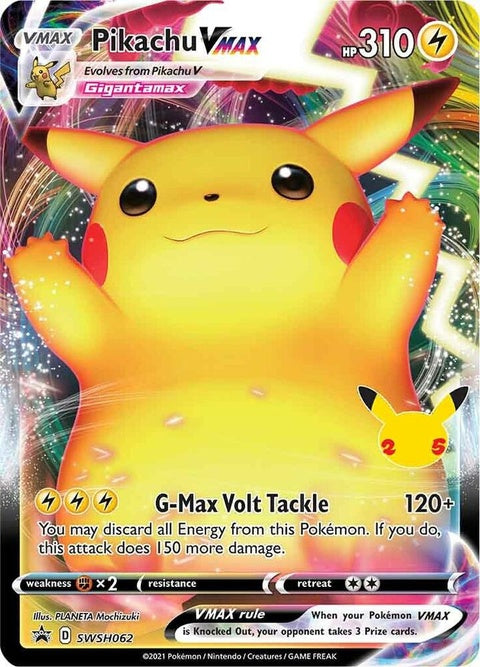 Pokémon Sword & Shield Black Star Promo card featuring Pikachu Vmax with vibrant artwork and branding.
