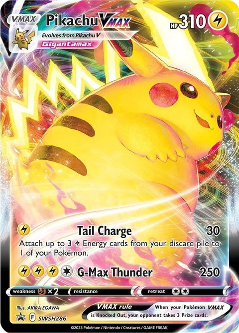 Pokémon Sword & Shield Black Star Promo Pikachu VMAX card from SWSH286 set, featuring Pikachu in a dynamic pose.