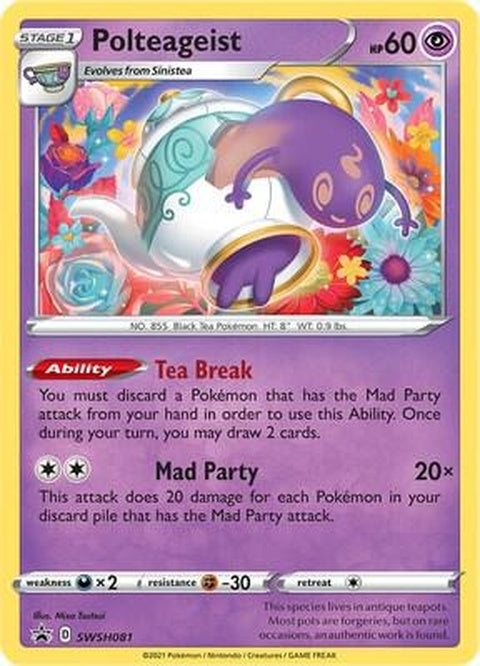 Pokémon Sword & Shield Black Star Promo Polteageist card SWSH081 featuring ghostly design and detailed illustration.
