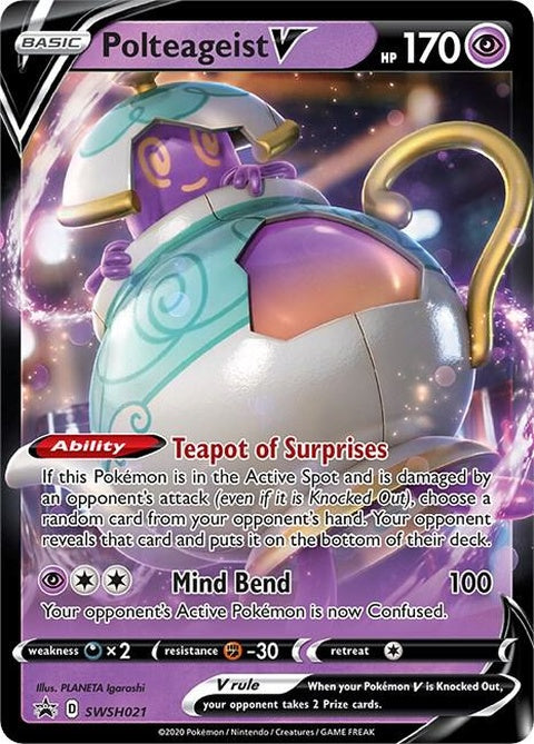 Pokémon Sword & Shield Black Star Promos Polteageist V trading card featuring a ghostly Pokémon with a dark background.