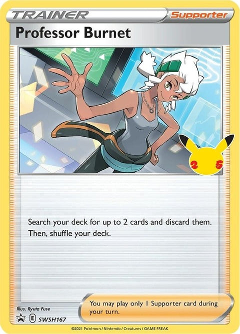 Pokémon Sword & Shield Black Star Promo card featuring Professor Burnet 25th Anniversary Stamp, singles collectible card.