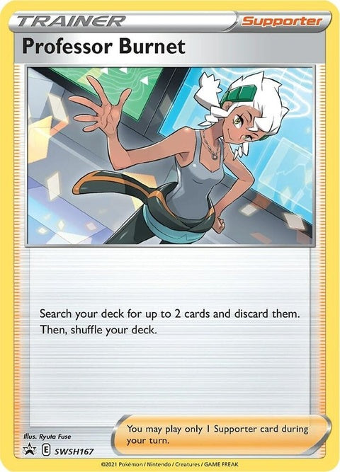 Pokémon Sword & Shield Black Star Promo card featuring Professor Burnet from the SWSH167 set, with artwork and card details visible.