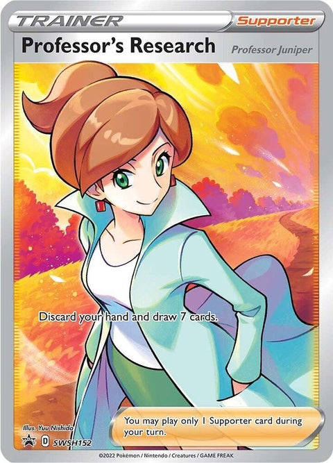 Pokémon Sword & Shield Black Star Promo card featuring Professor's Research SWSH152 with detailed artwork and branding.