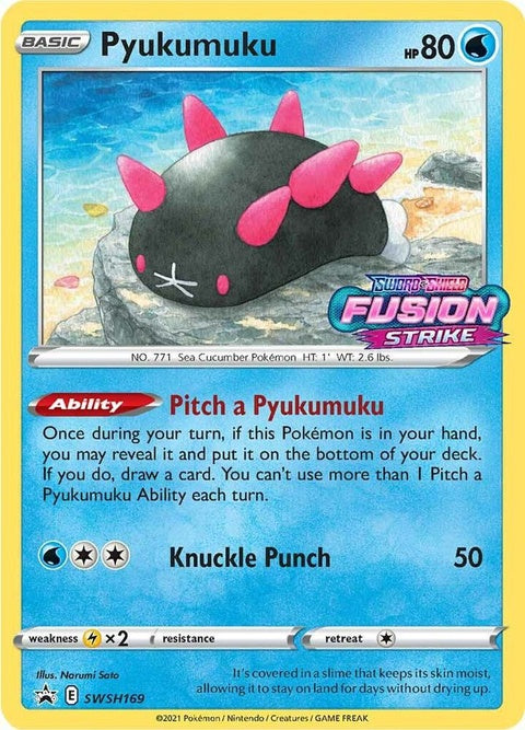 Pokémon Sword & Shield Black Star Promo Pyukumuku SWSH169 prerelease card, close-up of the Pokémon illustration and card details.