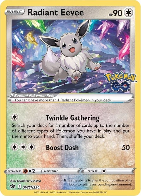 Pokémon Sword & Shield Black Star Promo card featuring Radiant Eevee from the SWSH230 set, showcasing a shiny Eevee Pokémon.