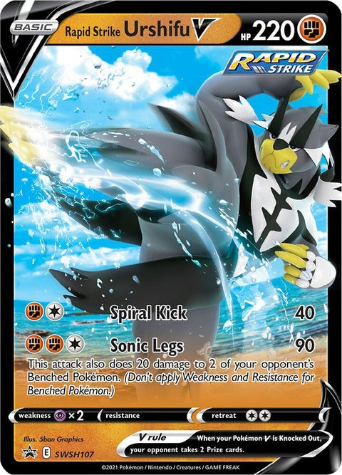 Pokémon Sword & Shield Black Star Promo Rapid Strike Urshifu V card from SWSH107, featuring artwork of a fighting Pokémon.